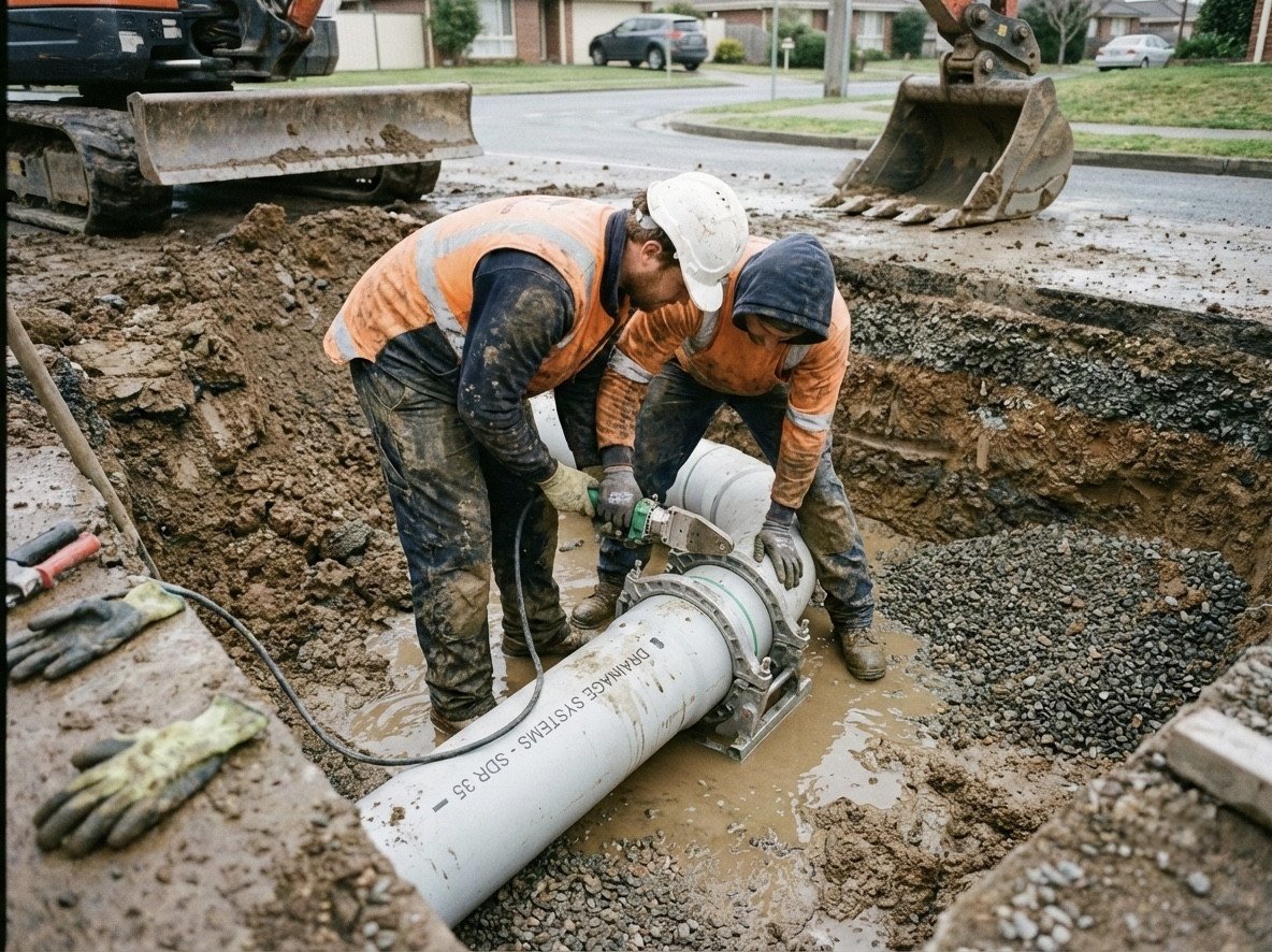 Drainlaying crew installing large underground pipes